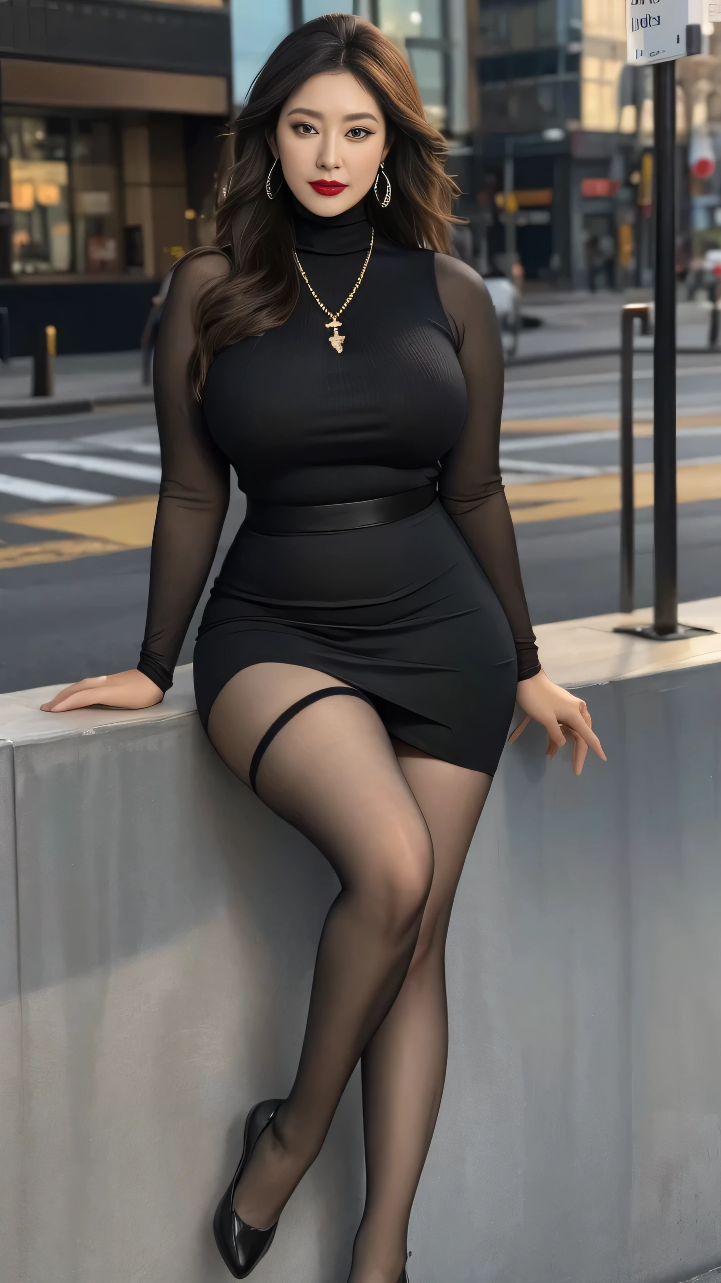 outdoor,Scenes,Clothes color random, (No cleavage),thigh, cosmetic, (lipstick: 1.1), (Eyeliner: 1.2), mascara, Eyeshadow,Outdoor sports, earrings, necklace, Black tights, Wrinkles at the corners of the eyes, Oral wrinkles,High Neck Knit Bodycon Skirt,full-body shot,An Asian Japanese woman,65 years old,big eyes,elegant temperament elegant temperament,(masterpiece:1.2, best quality), actual, (The real situation,45 years old, Intricate details, Depth of Field,High neck clothes), careful, The content is very detailed, This is a perfect face, Perfect body, Large Model, Mature woman, High, Leg length,Black silk suspenders,8K,best quality, masterpiece, Ultra-high resolution,(lifelike:1.4), original photo, Stay focused, detailed, Dramatic, Exquisite beautiful woman, (tall and straight:1.1),(Fat goddess desetallic high leg high collar dress mini skirt:1.0),(High collar fitted skirt),half butterfly earrings, double ring necklace, (:1.05), (65 years old, : 1.4), cosmetic, (lipstick: 1.1), (Eyeliner: 1.2), mascara, Eyeshadow, Long curly hair, Dynamic Angle, (red lips)Beautiful graphics, thigh long,Random Color Greasy Reflective Tights, Scenes,Fishnet stockings,Red high heels