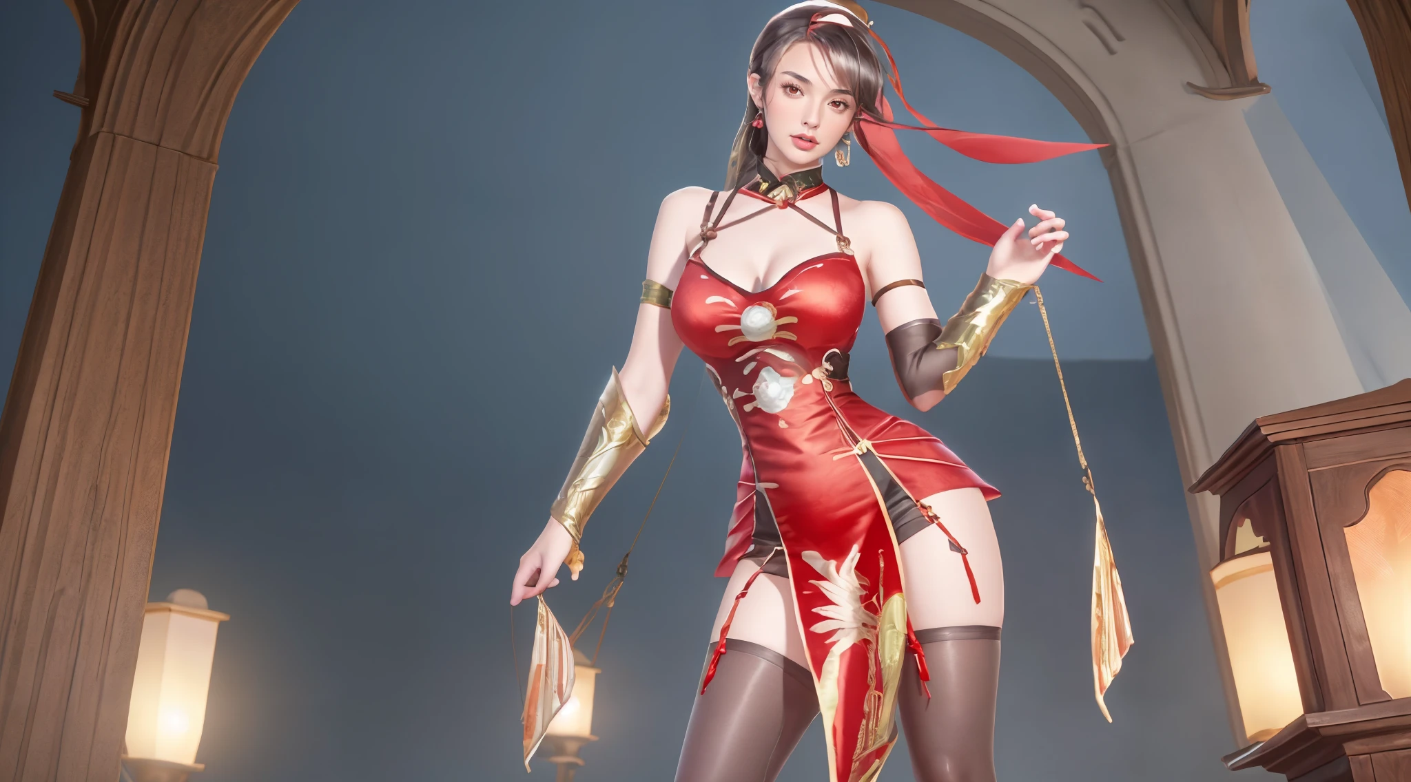 ((A beautiful girl in ancient China,The facial features are delicate and fair,Cool temperament,Black hair coiled into a bun,Wears a gold coat on his head,Chinese Song Dynasty clothing,Big red wedding dress(Ultrathin),underwear is visible,thighs visible,Long legs,Long black hair, rays of sunshine,Clear face super high,Super fat,Pose for a photo,Sexy toned buttocks,,curvy build,Plus-size models,Raised ,Displays triangles,,The view is the equipment in the gym,Masterpiece,Large viewing angle,中景 the scene is,super detailing,16k thick legs,Wide buttocks,Colossal tits,Natural styling,Reallightandshadow,Large viewing angle,ultraclear,tmasterpiece,ultra - detailed,high qulity,HighestQuali,The main color is red,Background simple elements。Invisible hands,No hands。Good quality)), ((tmasterpiece)), (the detail:1.4), 3D, A beautiful cyberpunk female image,HDR(HighDynamicRange),Ray traching,NVIDIA RTX,Super-Resolution,Unreal 5,Subsurface scattering、PBR Texture、post-proces、Anisotropy Filtering、depth of fields、maximum definition and sharpness、Many-Layer Textures、Albedo e mapas Speculares、Surface Coloring、Accurate simulation of light-material interactions、perfectly proportions、Octane Render、Two-colored light、largeaperture、Low ISO、White balance、the rule of thirds、8K RAW、