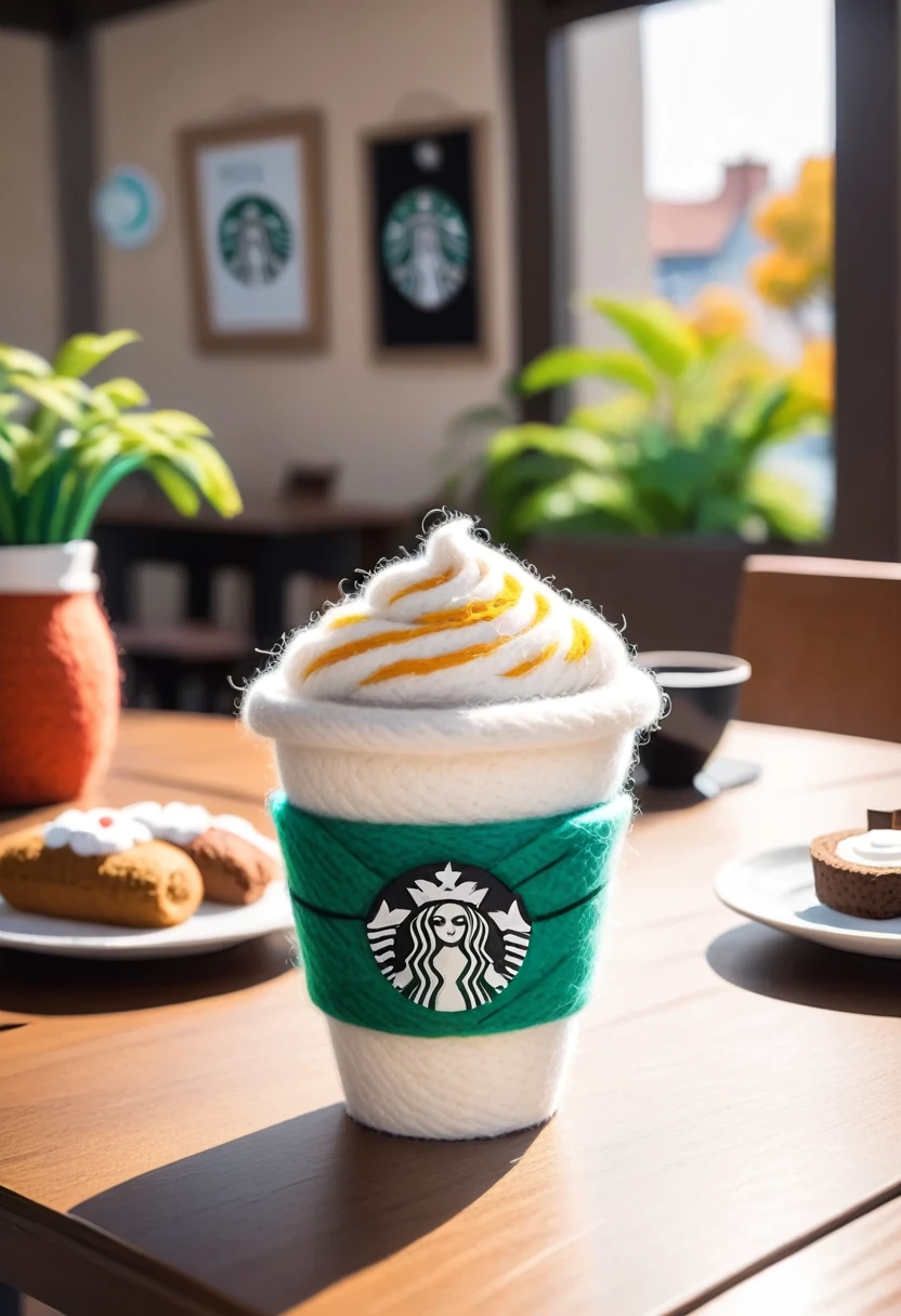 (((A Starbucks coffee cup made of wool felt is placed on the table.，))), Make the scene full of artistic sense. Warm, bright and uniform color, Simple and plain modern art style, Fascinating,