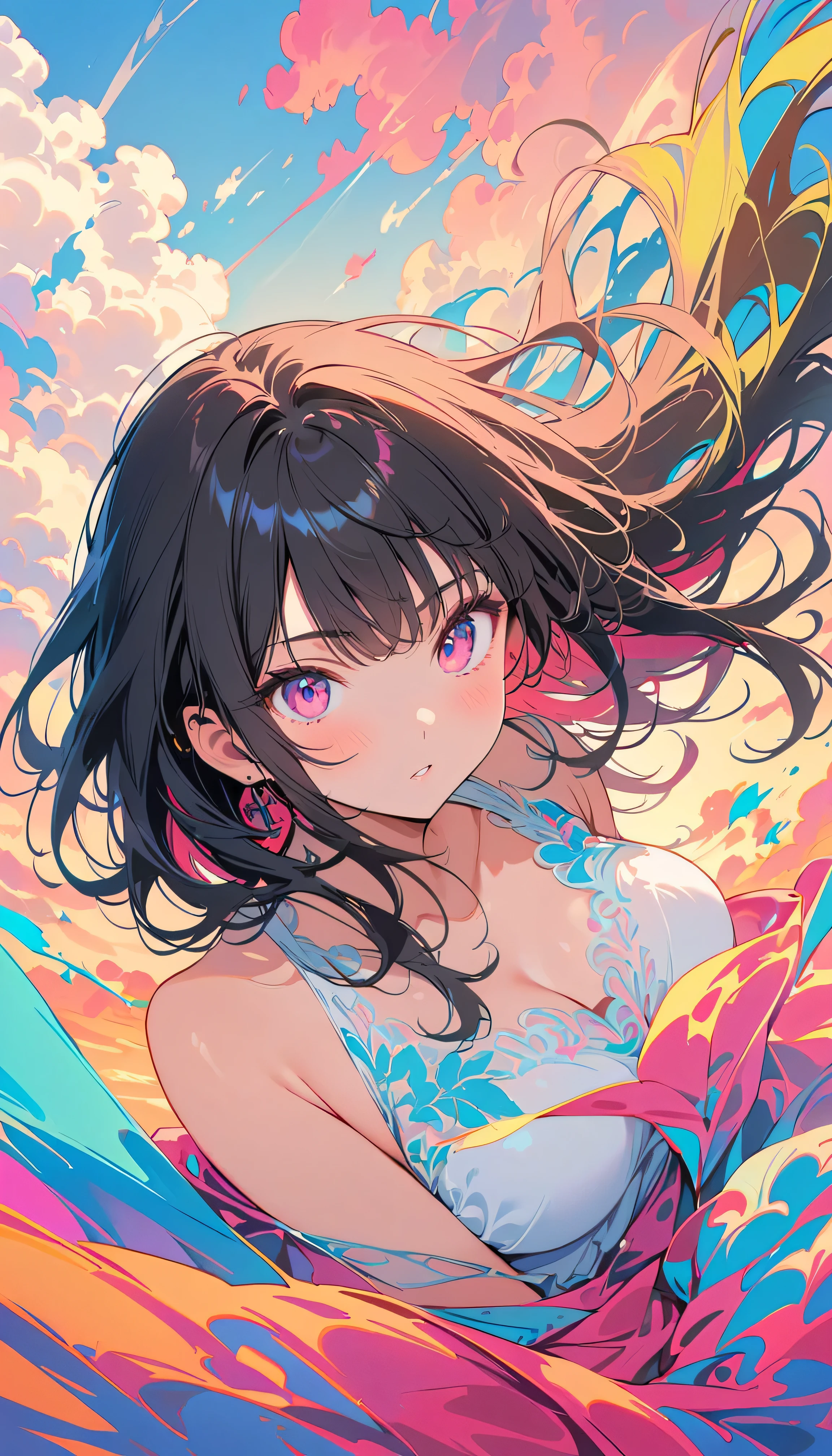 Best Quality, Very detailed, High resolution, Vibrant, masterpiece, Best Quality, Best aesthetics, One Woman, Super Fine, 8k, Very detailed, Beautiful Goddess, Pastel colored clouds, Pop Art, Delicate and dynamic, Pastel Color Fantasy, Black Hair, official art, Dynamic Angle