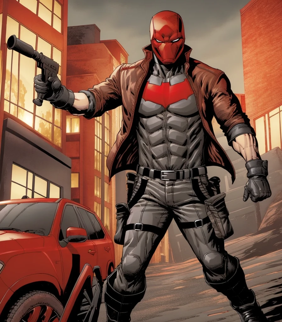 rhdc, full body view, a man, red helmet, brown leather jacket, gray skintight suit, black gloves, belt, red bat symbol, cargo pants, boots, 8k, 16k, masterpiece,  