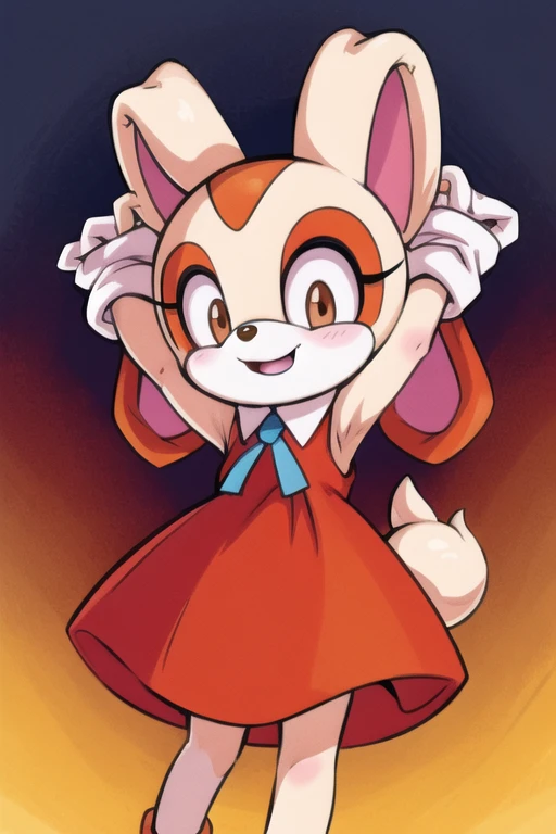 best quality,  cream the rabbit, anthro, red dress, arms up, kid, cute, happy