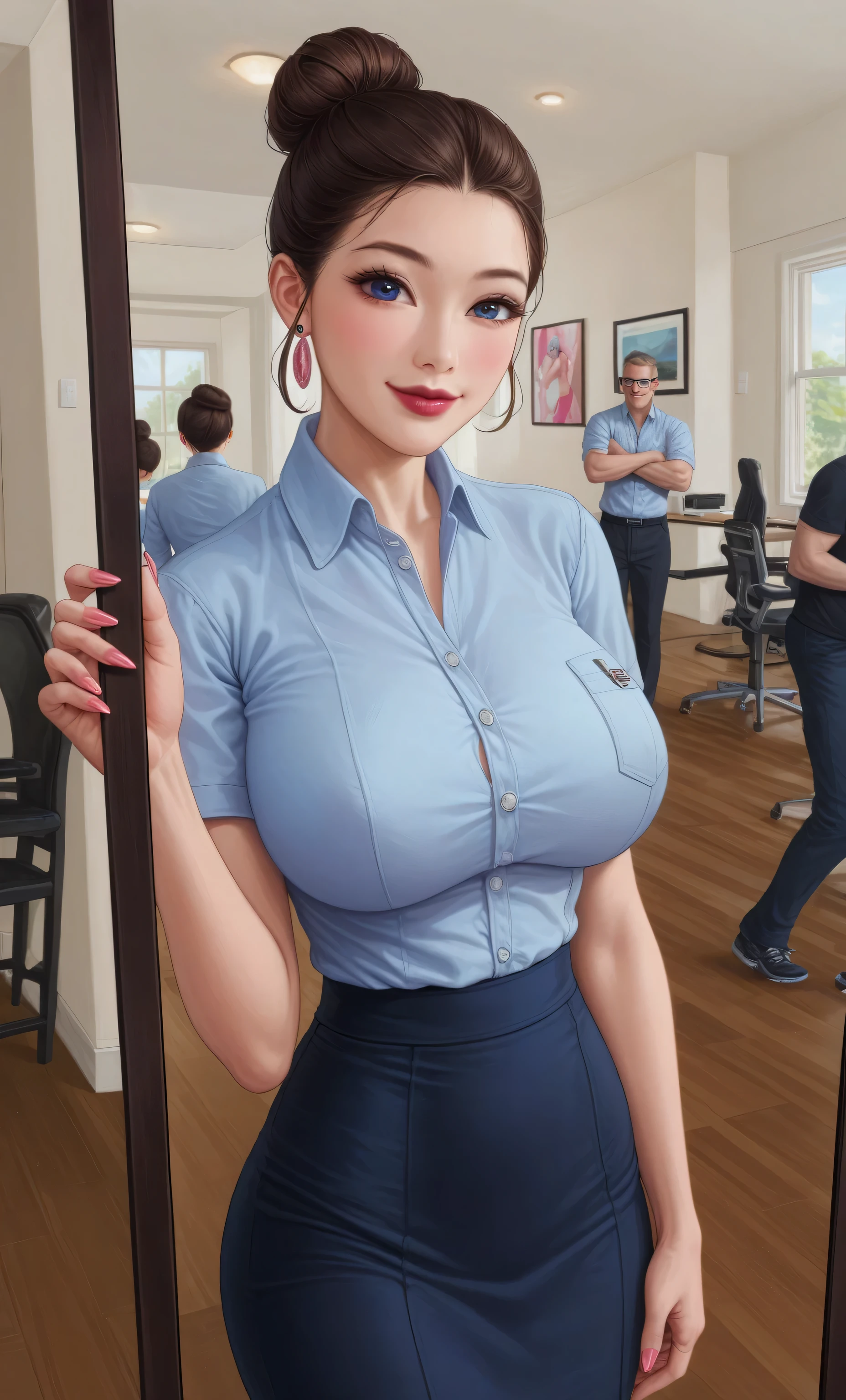  hyperrealistic art cinematic film still lower angle photography in the style of detailed hyperrealism photoshoot, Extremely high-resolution details, photographic, realism pushed to extreme, fine texture, looking in mirror at self, blue eyes, happy smile , beautiful asian woman gemma chan cafe setting (muse large lips), (sleek long black in sexy bun) ,largebreasts wide hips, , lipstick, pink fingernails, lightly muscled, silky white professional attice
