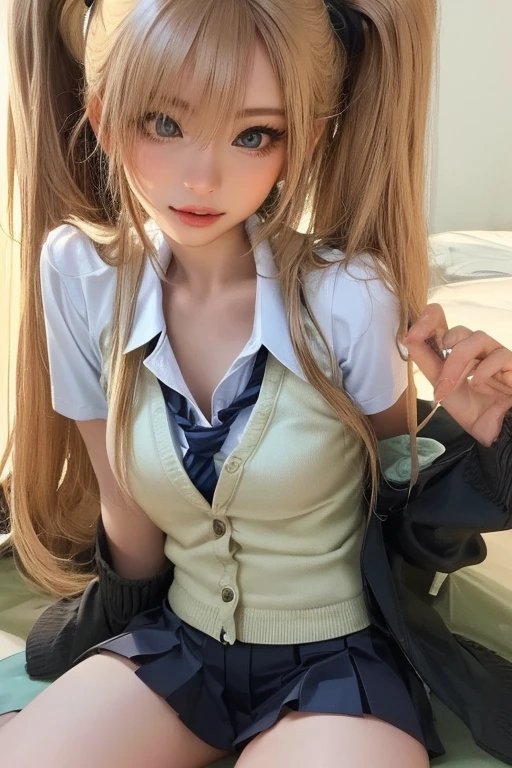 photorealisim、top-quality、超A high resolution、NSFW、Japanese high school girl、18year old、Girl in uniform sitting on bed、low angle shot:1.5、M-shaped legs:1.4、She opened her legs wide:1.5、Sitting with your knees bent and your legs spread、((Show panties:1.5))、sexy look at the camera、((blondehair))、((Pink Silk Panties))、Close-up in panties:1.4、Light blue shirt、Dark blue tartan plaid pleated skirt、Dark blue socks、Detailed cute and beautiful face、(pureerosface_v1:0.008)、Brown-eyed、eye liner、red blush、embarrassed from、glares、 shiny lips: 1.4, impatience、Frightened、glares、Panty appeal、Close-up in panties:1.3、red blush、is crying、Crying、Open knees、open one's legs、Disheveled clothes、Dorecinedium long hair,In the bedroom、Anatomically accurate human body、perfect arms、perfect hand、perfect hand指、perfect leg、accurate human body