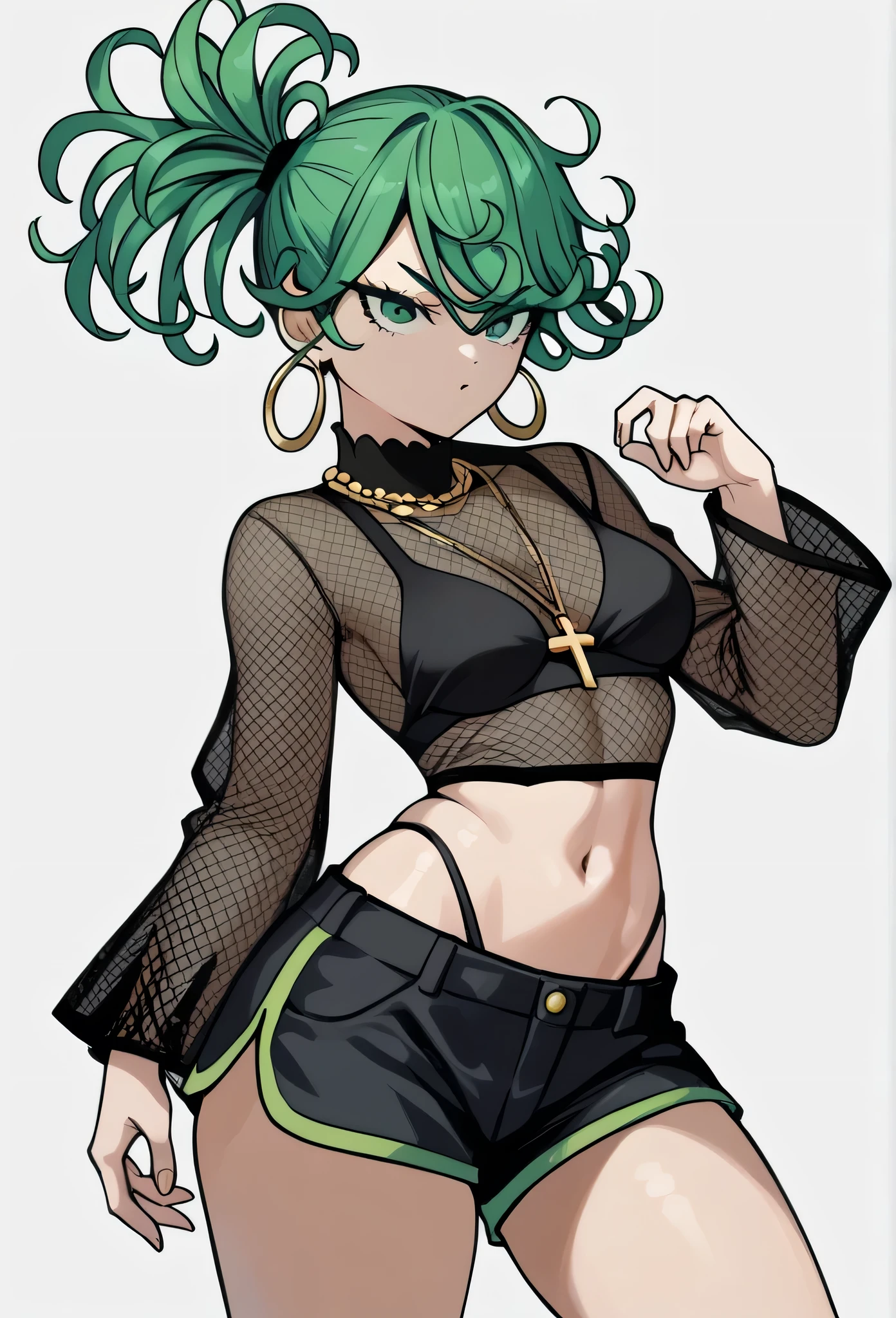 tatsumaki,green hair,curly hair,green eyes, long hair,medium breast , Ponytail, black bra, long sleeves, mesh crop top, shorts,black shorts,
highleg panties , earrings,hoop earrings,cross necklace,jewelry,poese.medium breasts
High Resolution, Masterpiece, High Quality, Bangs, Hair Over One Eye,