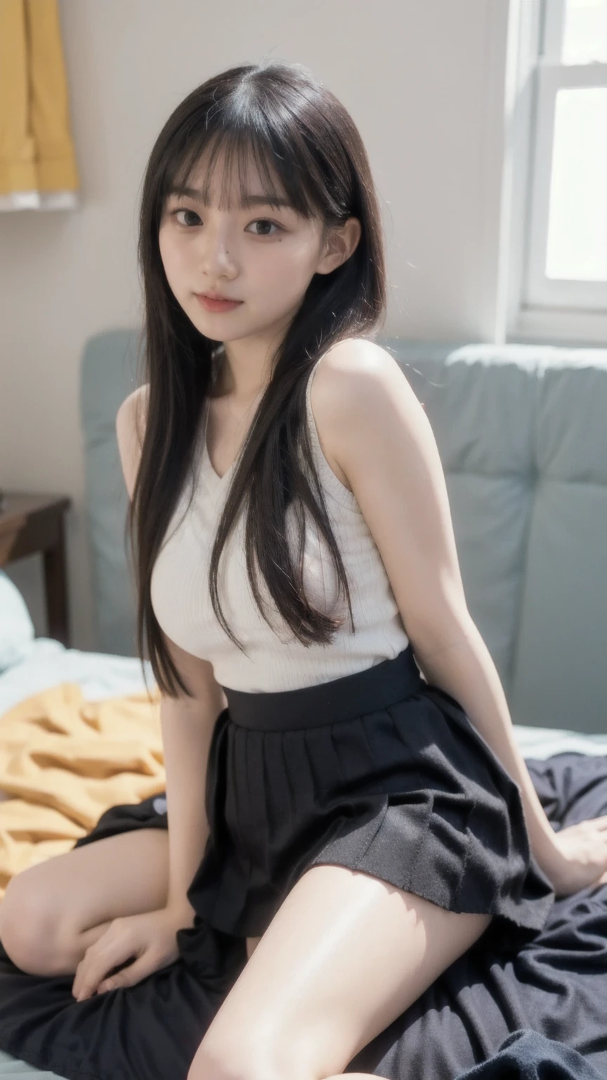 Korean girl on her bed lying in a provocative position in schoolgirl clothes wearing a short skirt and lifting her skirt to show her butt, sensual body, provocative clothing, big breasts, knit strap tanktop, small waist, big breast:1.3, ((look at viewer)).