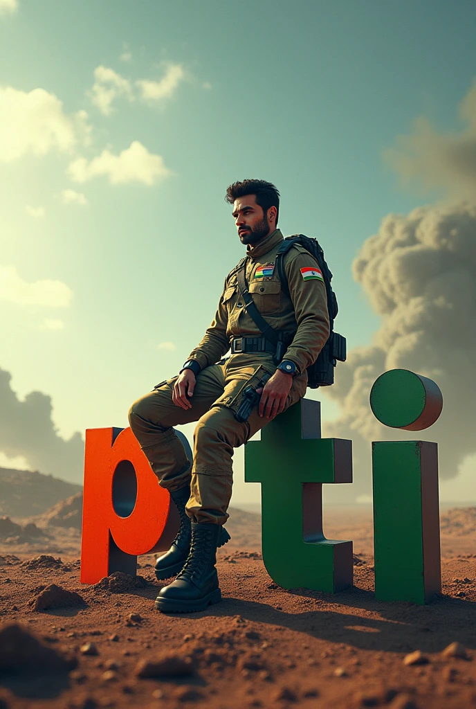 (photorealism:1.2), beautiful man, sitting on 3D name 'JAI BHEEM' latter, 3D name is 110% big in size'JAI BHEEM' colour in like a Indian Flag, Full image of 3D name,wearing like a Indian soulder with proper gadgets like a futuristic gune , Indian soldier holding Indian flag in his hand,background like a seen of world war