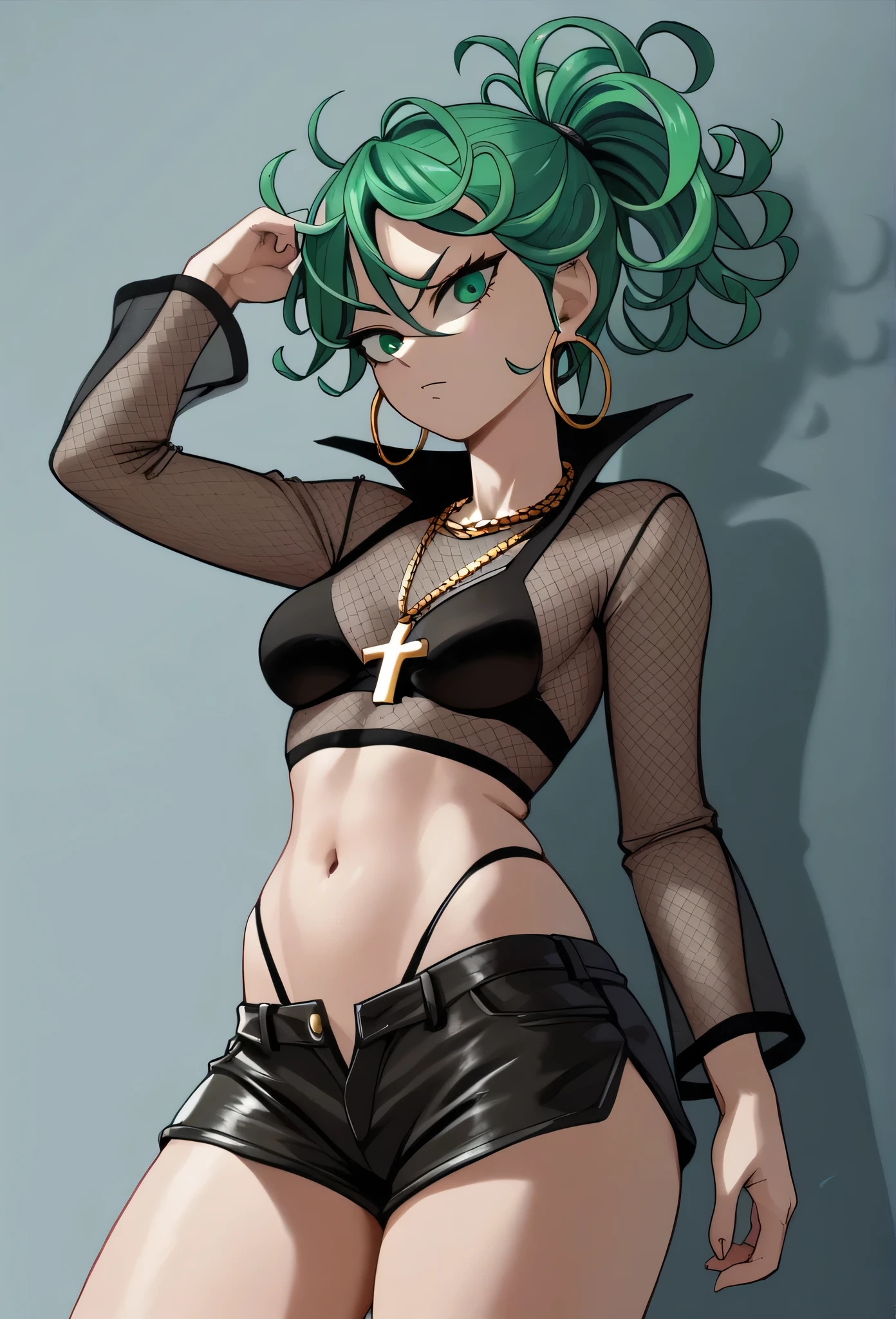 tatsumaki,green hair,curly hair,green eyes, long hair,medium breast , Ponytail, black bra, long sleeves, mesh crop top, shorts,black shorts,
highleg panties , earrings,hoop earrings,cross necklace,jewelry,poese.medium breasts
High Resolution, Masterpiece, High Quality, Bangs, Hair Over One Eye, 