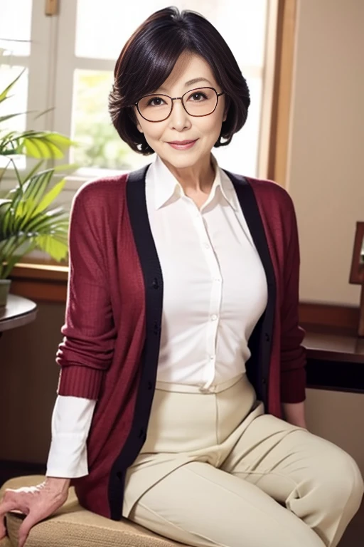 80-year-old Japanese mature AV actress wearing a stylish cardigan for mature women、Stylish glasses for older women、sukebra