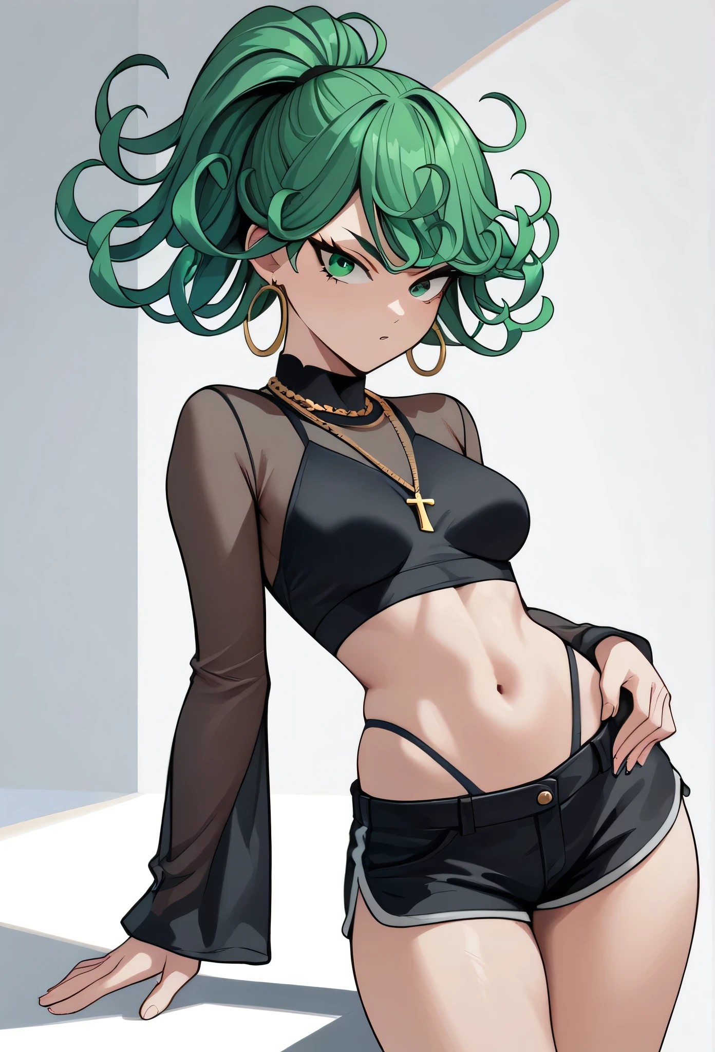 absurdres, highres, ultra detailed, dark theme, tatsumakitornado, short green hair, curly hair, glowing eyes, mini skirt, panties, crop top, underboob, street, outdoor, shy, sholderlesd, tight clothes