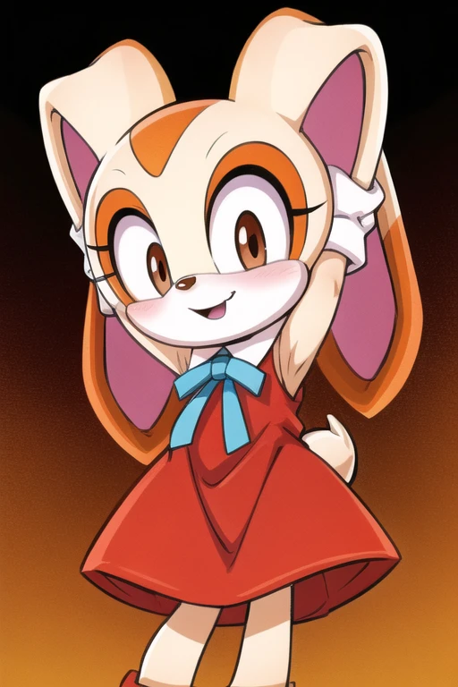 best quality, cream the rabbit, anthro, red dress, arms up, kid, cute, happy, little