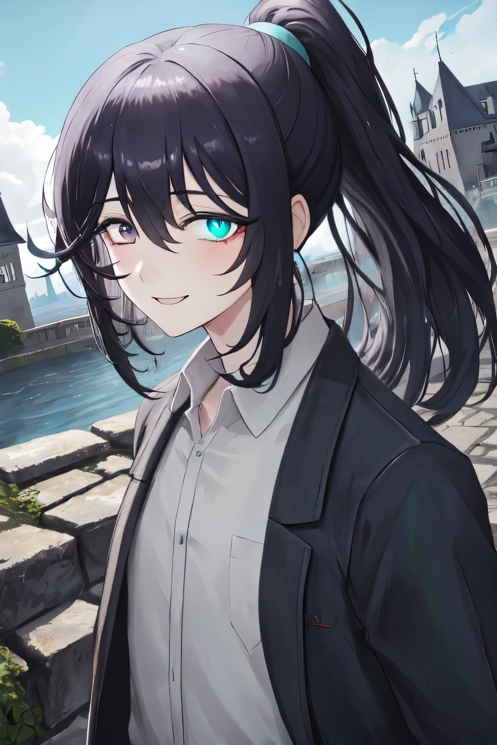 masterpiece, best quality, ultra high res, 16k, dramatic lighting, 1boy, male focus, solo, honglu, ponytail, grey eyes, heterochromia, casual japanese clothing, shirt and haori overcoat, loose casual, smile, looking at viewer, arms at sides, castle background, bright blue sky, portrait shot, heterochromia, blue eye and green eye