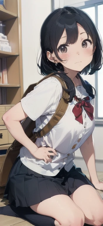 Full Body, Full Body Illustration, Best Illustration, ((Best Quality)), ((Masterpiece)), (Details: 1.4), Anatomical, Award-winning concept art, beautiful, fine detail, portraits, Look at the viewer, ((Show Full Body)), 1 girl, Full body, Solo, , Golden and brown hair, Short hair, Blue and pink eyes, Big eyes, Undergarment, Panties, Skirt, White panties, Wet, Shirt, Wet clothes, Skirt lift, Blush, Classroom, Navel, Clothes lift,Simple background, Lift yourself, White shirt, Uniform, Look away, Short sleeves, Unevenness, Lolita figure, Skinny type, Last scene direction of school movie