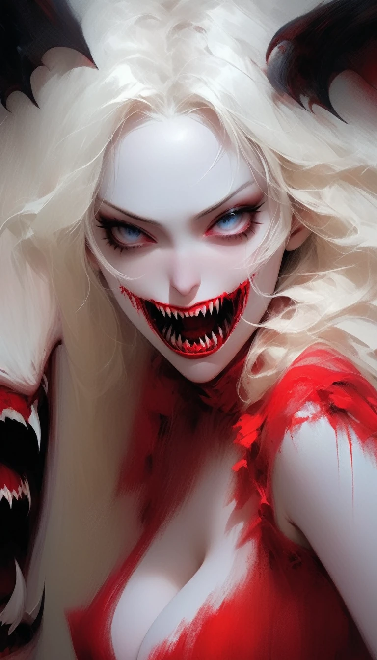 Female monster with long white hair, Eyes red, large size breasts, big mouth with sharp teeth, long tongue, oil painting, six horns ((perfect female figure)), long white hair, Eyes red, mature woman, milf, narrow waisted, gazing at viewer, seductively pose, vampire's teeth,pale skin. hair covering eyes