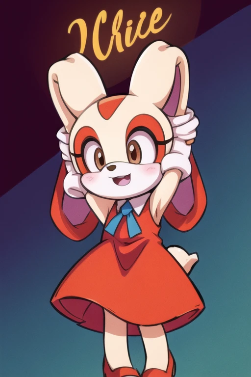 best quality, cream the rabbit, anthro, red dress, arms up, , cute, happy, little