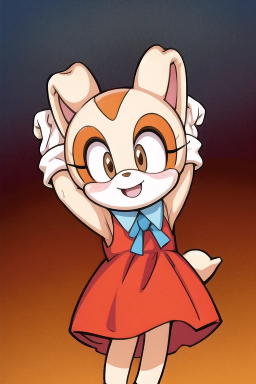 best quality, cream the rabbit, anthro, red dress, arms up, kid, cute, happy, little