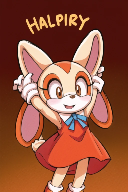 best quality, cream the rabbit, anthro, red dress, arms up, , cute, happy, little