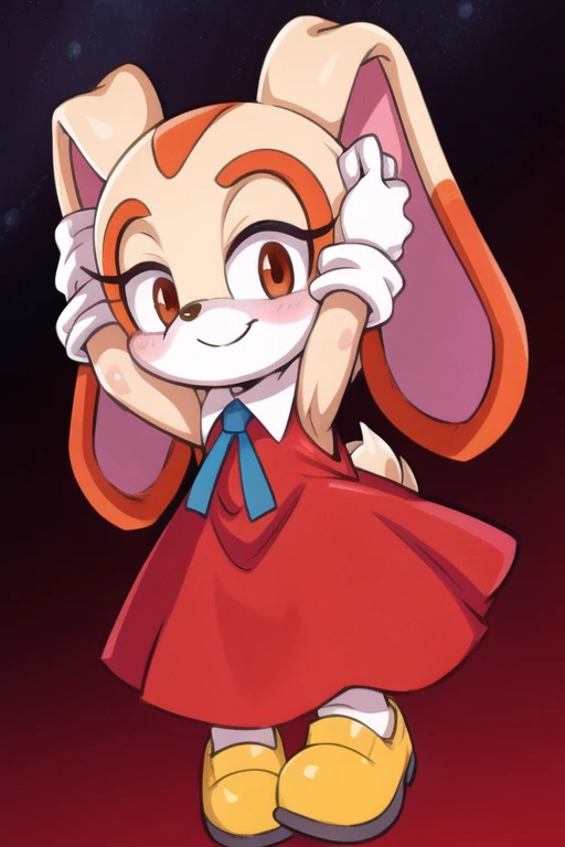 best quality, cream the rabbit, anthro, red dress, arms up, kid, cute, happy, little