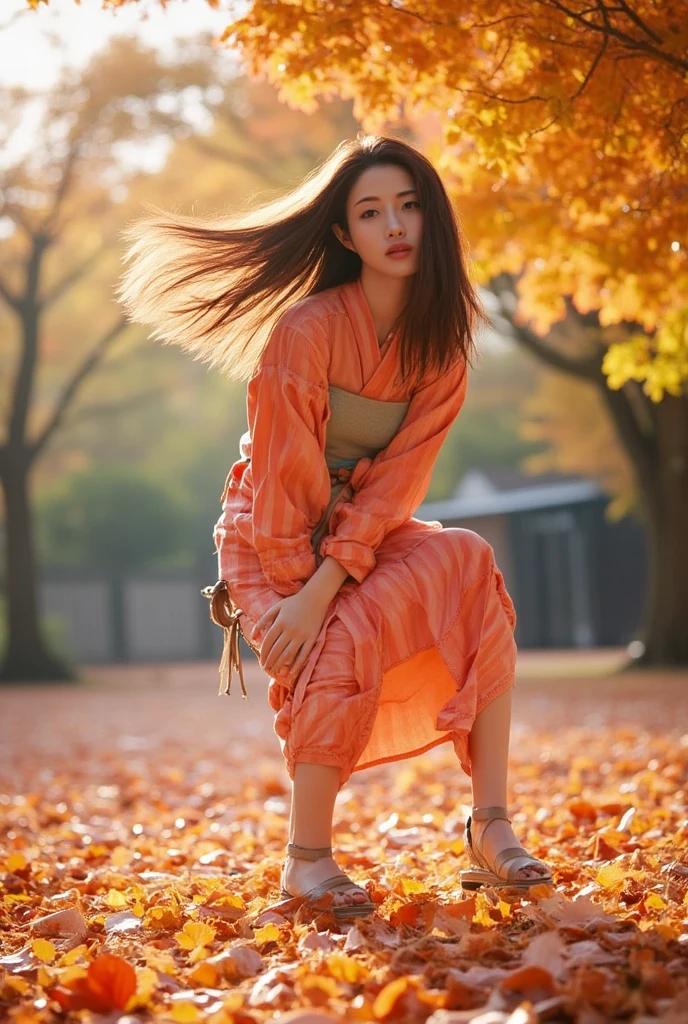 woman, Alone, 紅葉の中に立つwomanが、Wearing colorful Japanese clothing、Long hair fluttering in the wind。Fallen leaves spread out at my feet、The soft light of dusk warmly illuminates the background。