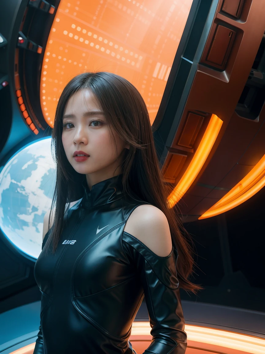 Image of a woman in futuristic clothing with a spaceship in the background., Cinematic Arts, Front orange background, Inspired by Robert McGinnis, Female protagonist, The massive structure in the background, ภาพบุคคลของpilot AI, pilot, pilot, Space Skeleton Portrait, The Perfect Android Girl, Frank Francesca and Sakimichan  