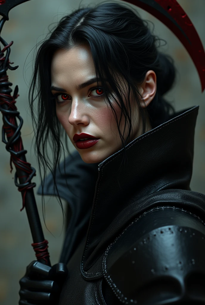 White lady with porcelain skin, with delicate features, long jet black hair, sky blue eyes, marked eyebrows and long eyelashes, almond-shaped eyes, red lips with an intense and intimidating look, black leather jacket and a black top with a v-neckline, white gold necklace with jade gems, holds a katana in her hand, her face resembles Jennifer from the movie Jennifer's Body, she is in profile, realistic image