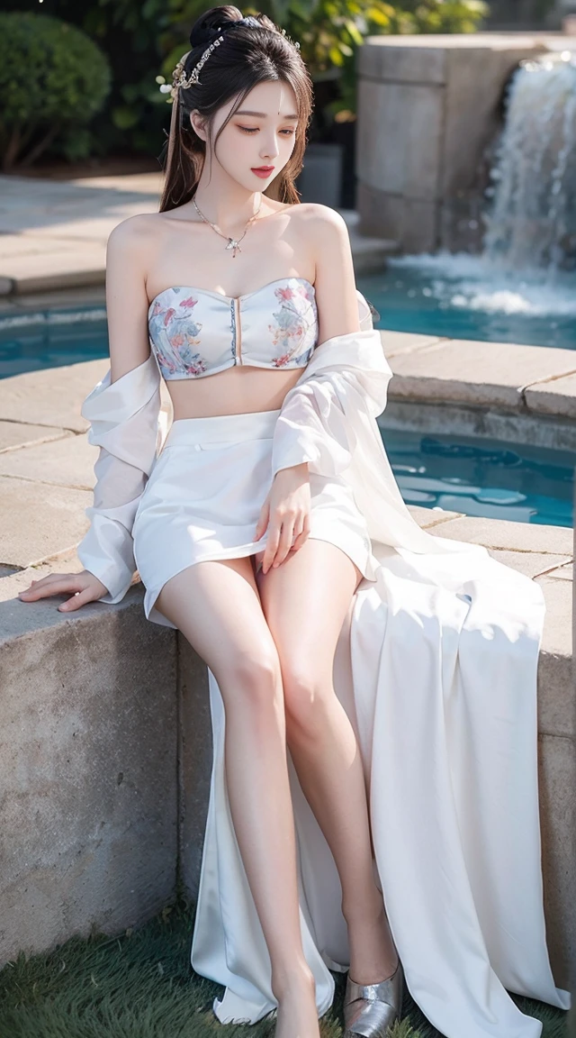 Best picture quality，Very high resolution，Very detailed，Beautiful girl，Relaxing in the pool，Long eyelashes，Big eyes，Sparkling eyes，Silk sleeps，plump lips，Small nose，The face shows happiness，sweet，Exquisite make-up，Full body photo，Skin as white as snow，Slender figure，take off shoulders，Collarbone，Abdomenband，Abdomen，Abdomen button，Slender white legs，White and smooth skin，White embroidered skirt，neckLaz，Show thighs，Laz，sweet，Long flying hair，best quality，masterpiece，Full body photo，Focus on face，Slender figure，细腰白色Abdomenband，imagine，Full body photo
Model: Hanfu, CFG size: 7, Hire highly skilled personnel: 1.5, Laura: Fashion of the future(0.4)、Neon(0.4)、martial arts(0.8)、Asian face girl-2(0.4)、Poetic Tales(0.01)