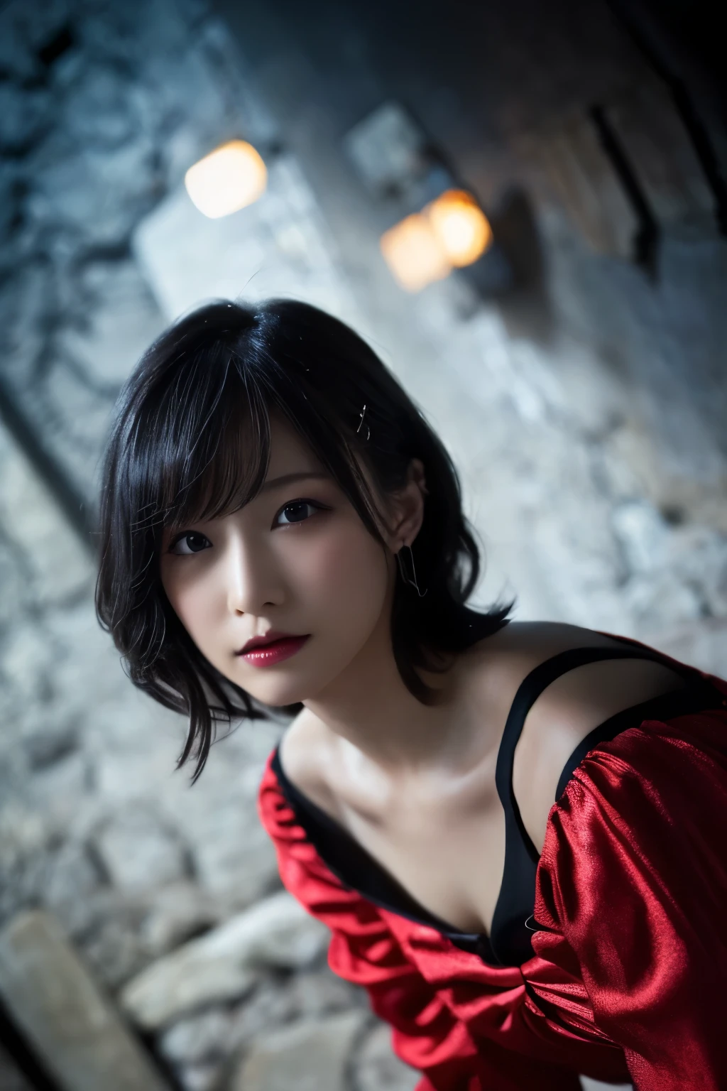 1 girl, (She is wearing a red dress:1.2), (Gothic Makeup), Portrait of a very cute Japanese symphonic metal singer, (RAW Photo Best Quality), (Realistic, Realistic:1.4), (masterpiece), 
But delicate and beautiful, Very detailed, 2k wallpaper, wonderful, finely, Very detailed CG Unity 8K wallpaper, Very detailed, High resolution, Soft light, 
Beautiful detailed girl, Very detailed目と顔, A beautiful and elegant nose, Beautiful beautiful eyes, Cinema Lighting, 
(She squats down to pee in a deserted medieval town:1.3), (Night Sky), (Girl full body silhouette:1.2), (Dark screen:1.5), (I am so lonely), 
(short hair), (Messy Hair), (Indigo Color Scheme),
Perfect Anatomy, Slender body, Small breasts