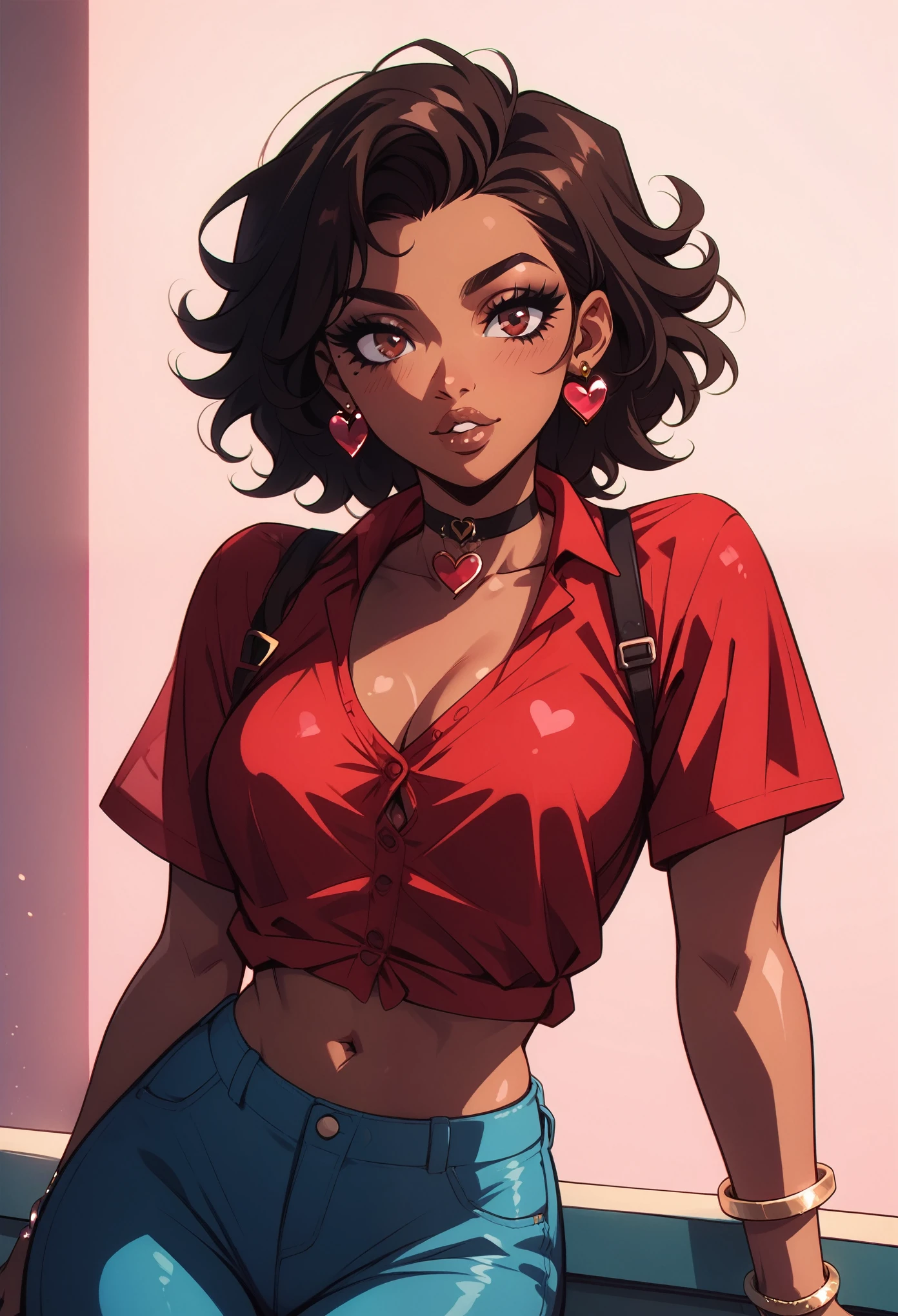 score_9, score_8_up, score_7_up, score_6_up, score_5_up, score_4_up, 1girl, long spiky hair, brown skin, brown eyes, long eyelashes, heart shaped earrings, exposed midriff, red unbuttoned shirt, short sleeves, white bracelet, blue pants, dark brown upper lip
