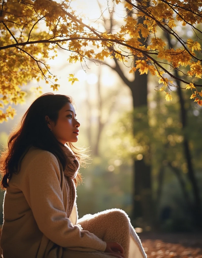 woman, Alone, In the autumn forest、tree漏れ日が差し込む中、長いスカーフと厚手のコートを羽織ったwomanが静かにベンチに座り、Gazing into the distance。tree々The leaves are shining golden。