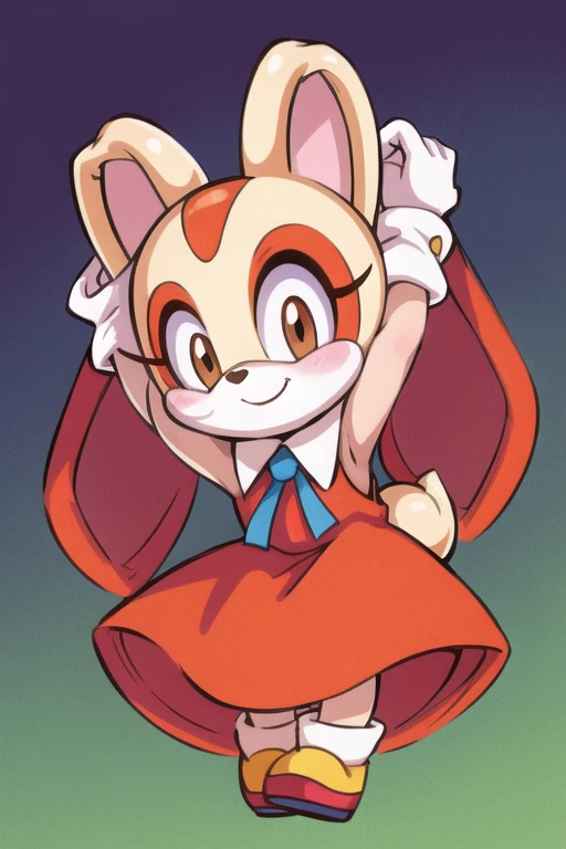 best quality, cream the rabbit, anthro, red dress, arms up, kid, cute, happy, little