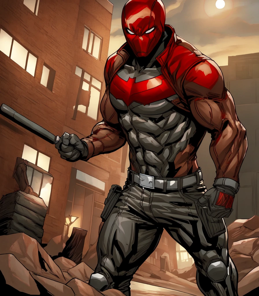 rhdc, a man, red helmet, brown leather jacket, gray skintight suit, black gloves, belt, red bat symbol, 8k. 16k, masterpiece,  