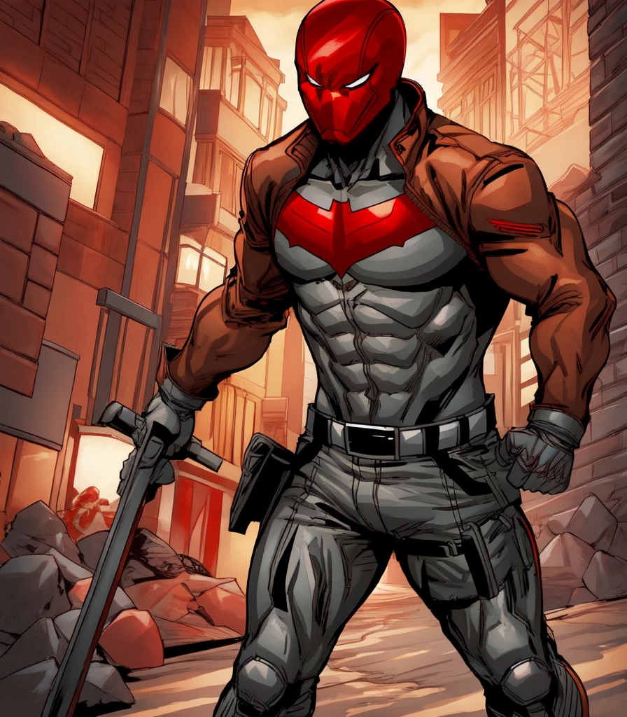 rhdc, a man, red helmet, brown leather jacket, gray skintight suit, black gloves, belt, red bat symbol, 8k. 16k, masterpiece,  