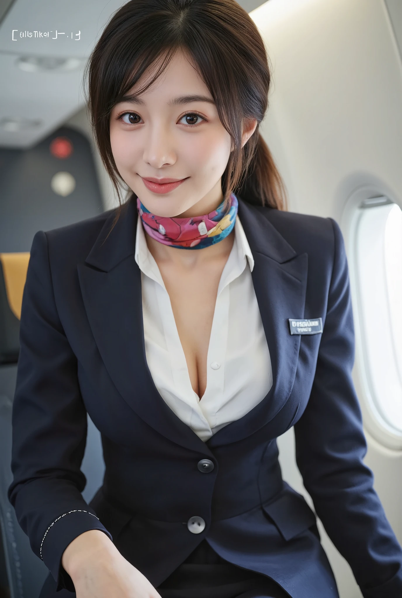 Data data, High Detail, This is a high-resolution portrait of an Asian female flight attendant on a plane., She is leaning forward., Deep V-neckline. (She is wearing a flight attendant uniform., scarf, Name tag). She looked away and smiled..