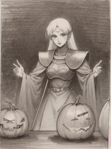 (masterpiece, highest quality, very detailed: 1.5), black and white, ((sepia)), ((pencil drawing)), medieval europe, art nouveau, western art, Scarecrow, pumpkin head, Halloween, ghost, pumpkin doll,