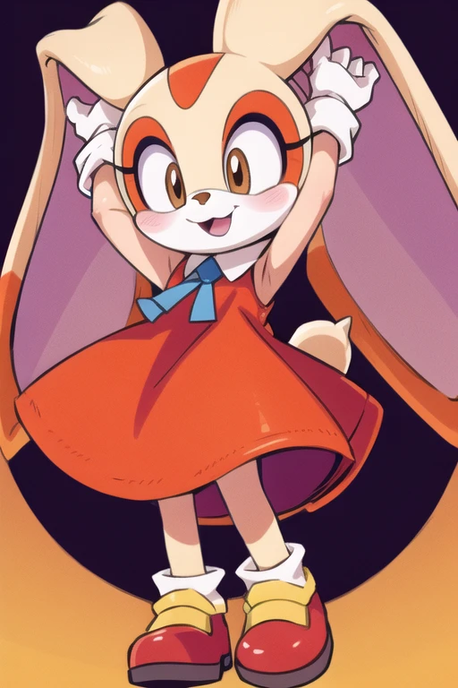 best quality, cream the rabbit, anthro, red dress, arms up, , cute, happy, little