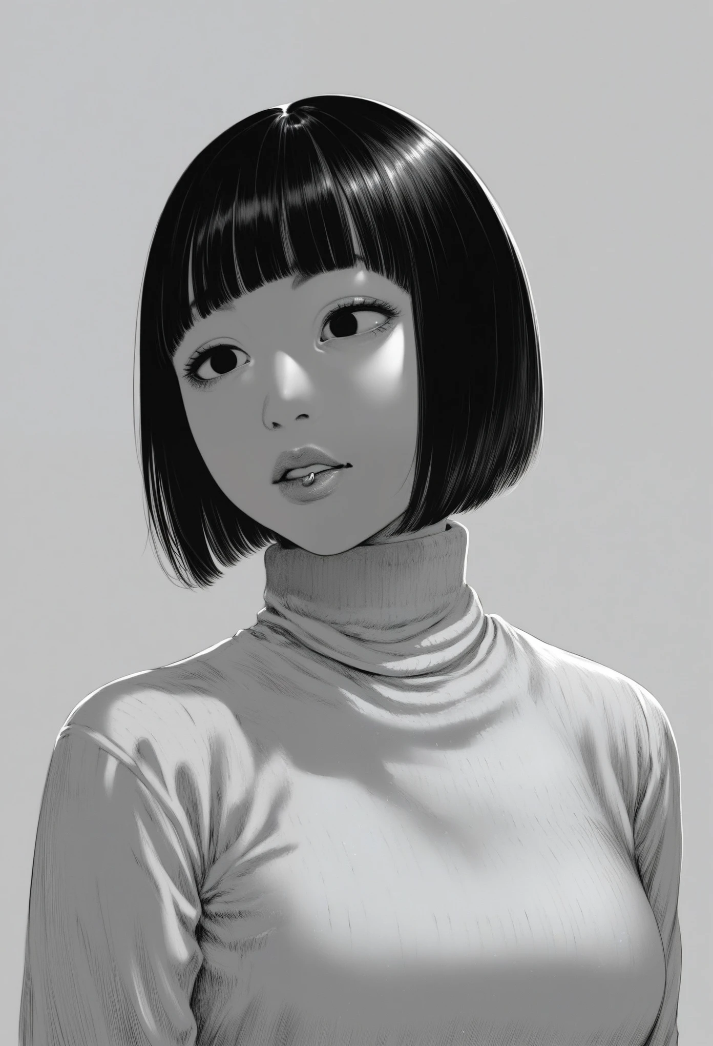 score_9, Score_8_up, Score_7,detailed, manga art, hirune style, crosshatching, hatching texture, 1girl, monochrome,lip ring, small eye bags, asian, blunt bangs, bob cut, black hair, black eyes, narrow eyes, turtleneck under black skater dress 