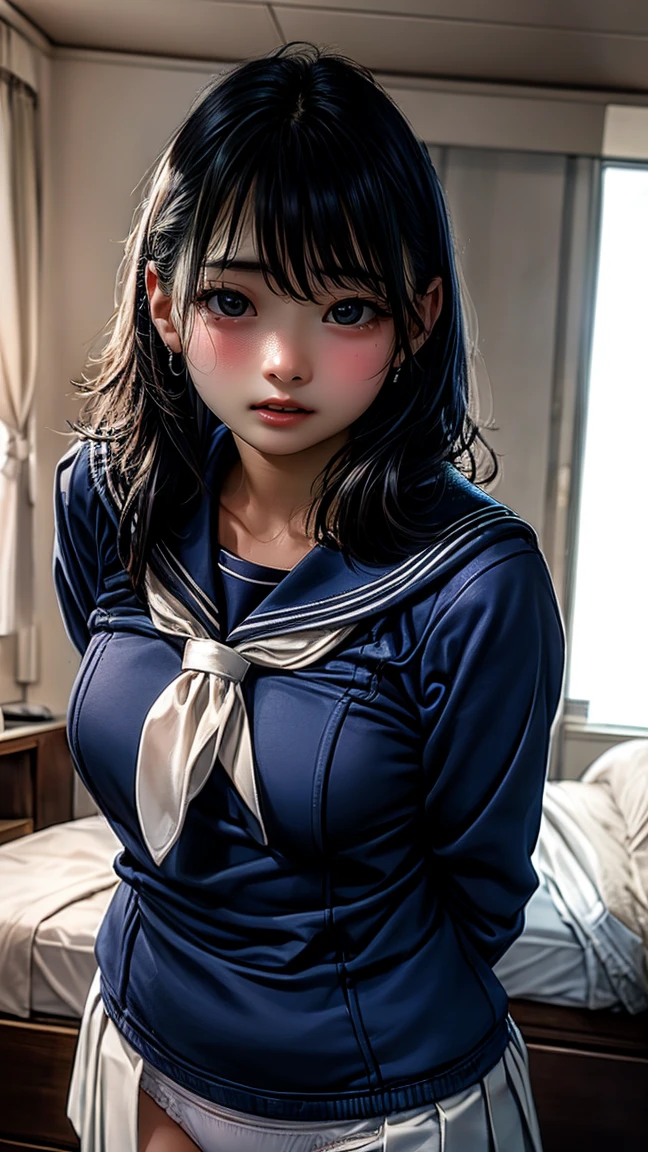 1girl,, 18 years old , school girl wearing sailor uniform  , MASTURBATING WITH pillow, on bed, pussy juice, side lying, breast press from above , hyper detailed, photorealistic, 8k, high quality, realistic, extremely detailed, intricate details, cinematic lighting, beautiful, erotic, sensual, intimate, delicate, soft, tender, glowing skin, natural lighting, warm tones