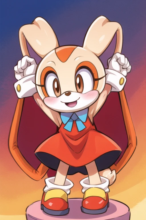 best quality, cream the rabbit, anthro, red dress, arms up, kid, cute, happy, little