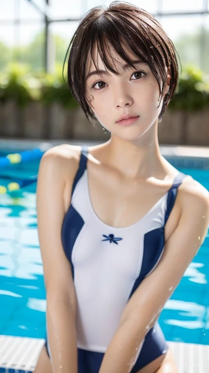 ((Highest quality))、((Realistic))、one girl, (a beauty girl, delicate girl:1.3), (:1.3),((Wet school swimsuit)) (Navy blue school swimsuit:1.3),((Cute pose)) ,Very detailed clarity, (Symmetrical eyes:1.3), (School swimming pool, indoor:1.3), ((Nipples become erect))、(Small breasts), ((Eyes))、Brown eyes, ((Pixie Cut)), Brown Hair, girl,, (Eye and facial details:1.0),, (masterpiece, Please redeem, Very detailed, Detailed face, 8k)