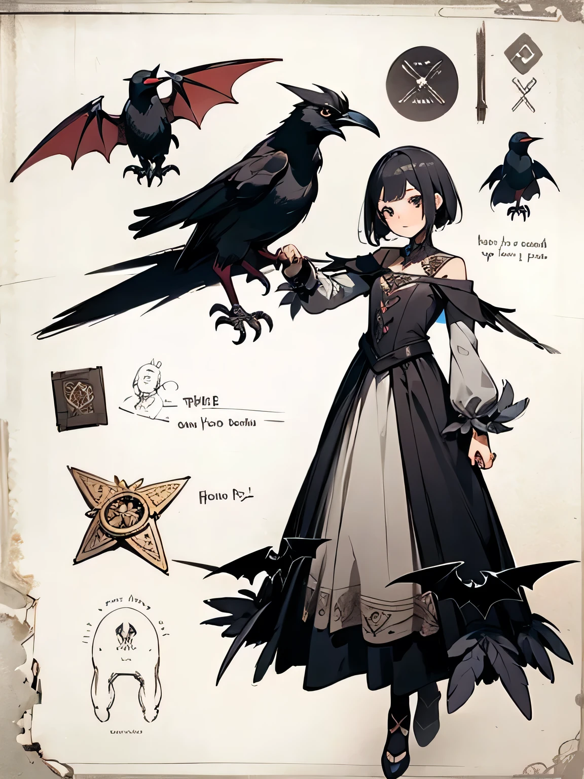 davincisketch of　Bat incarnation, girl with short black hair, costume full of crow feathers, detailed cute face, looking at you, fullbody, playful pose, (explanatory text), black magic, 