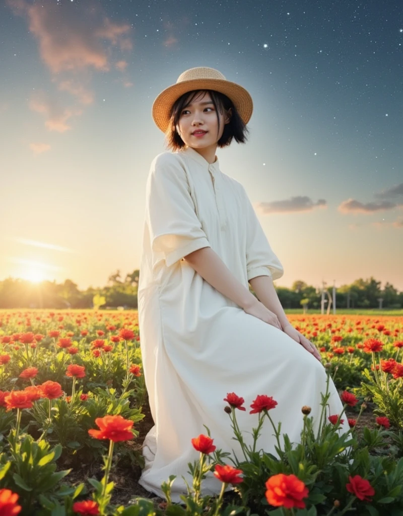 woman, Alone, In the expansive cosmos field、白いワンピースを着たwomanが麦わら帽子をかぶって立っている。The cool autumn wind ruffled her hair and flowers.、The sun setting in the distance casts a gentle orange light.。