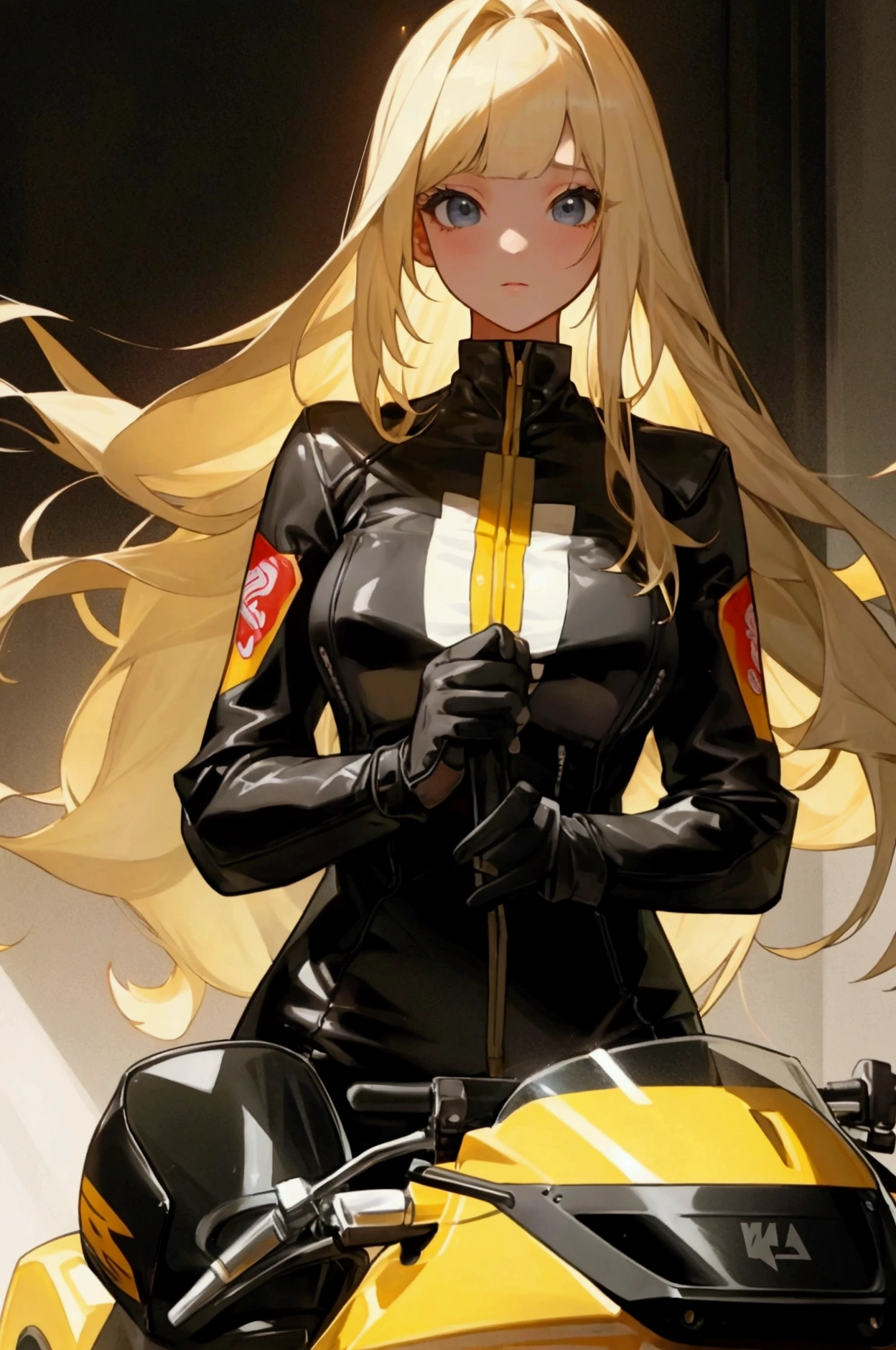 1 person,woman,((Long Hair)),((Full Bang)),((The tips of the hair spread)),((Golden Hair)),((A small dark blue ribbon on the right ear)),((Golden Flame)), ((Golden Flameの渦)),wallpaper, Wind景,Depth of written boundary, night, Particles of light, light, Side light, Thighs,****, cloud,Gaze, Large Breasts, Green Eyes, Horse ears, Bright smile,Open your mouth,Wind,((Rides a big yellow motorcycle)),((vehicle)),((Driving)),((Straddle)),((Riders jacket)),((Riders pants)),