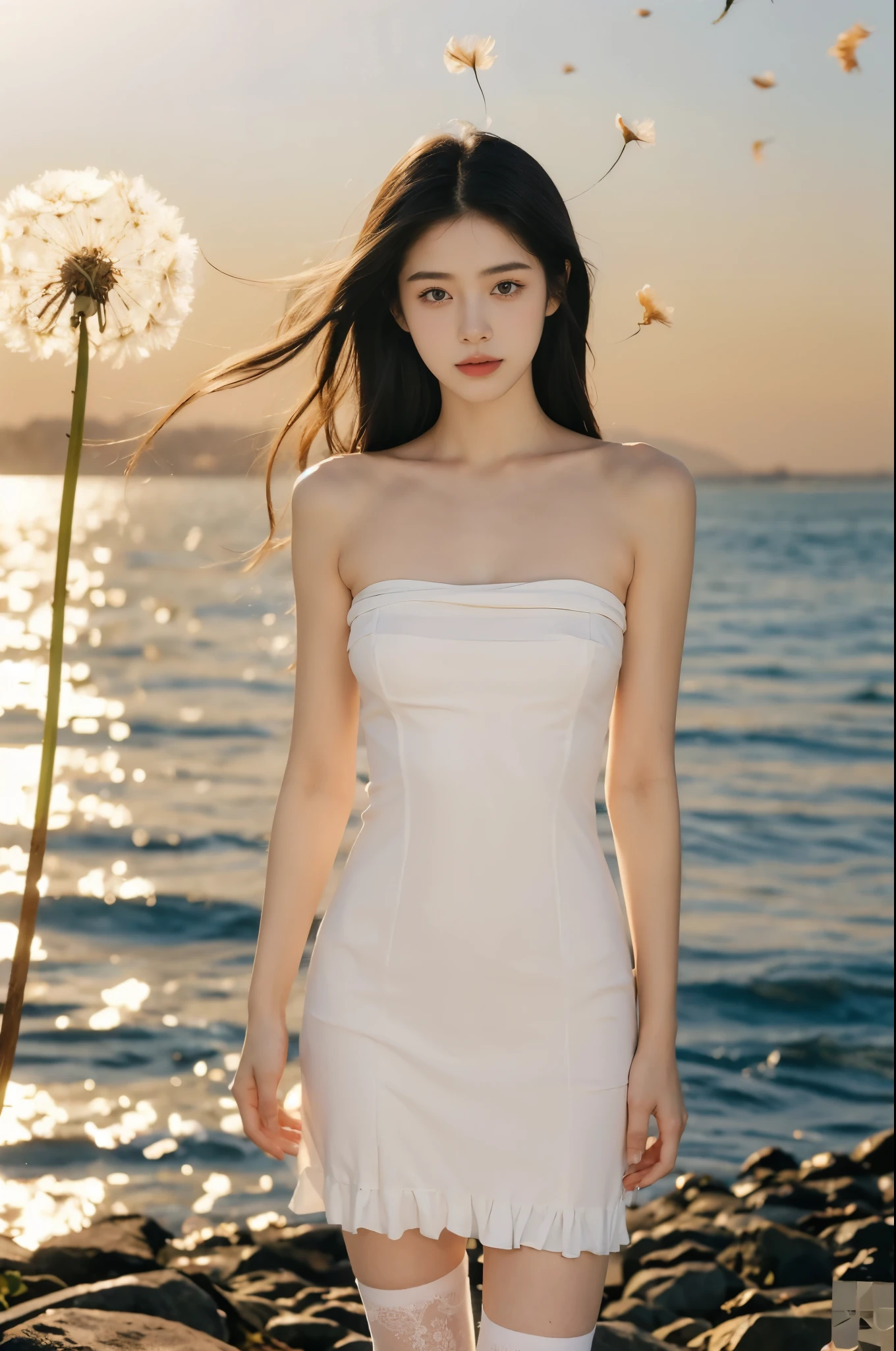 (Best Quality, 4K, Masterpiece, UHD, Real: 1.2), (Interior Lighting: 1.3), Natural Shadows, 1girl, Solo, 18 years old, wearing a white dress, (Fair skin: 1.3), Skin details, half-body, tall and thin beauty goddess, off-white flowing dress, stunning elegant posture, long and elegant, thin waist, elegant, confident, very beautiful, long skirt, blue sky, white clouds, beach,