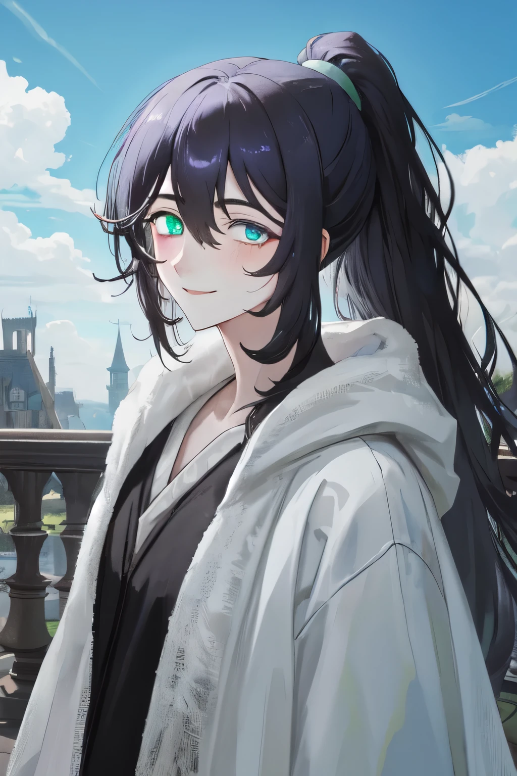 masterpiece, best quality, ultra high res, 16k, dramatic lighting, 1boy, male focus, solo, honglu, ponytail, grey eyes, heterochromia, casual clothing, robes and cloak, loose casual, smile, looking at viewer, arms at sides, castle background, bright blue sky, portrait shot, heterochromia, blue eye and green eye