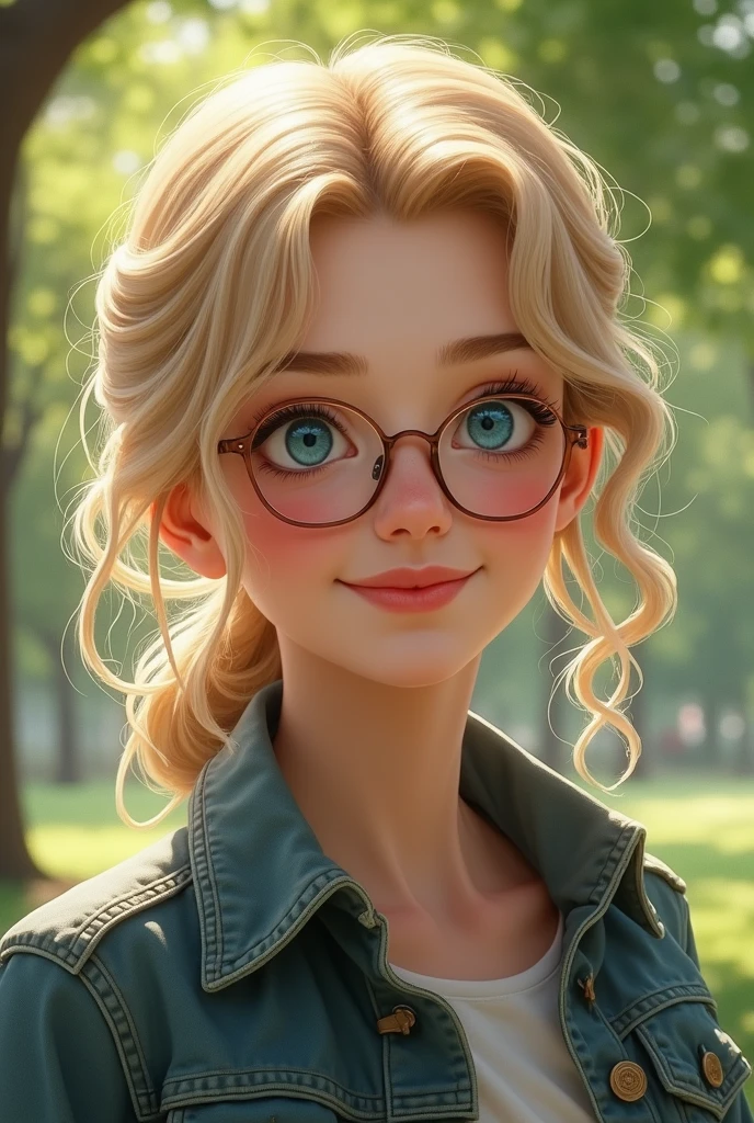 a woman (Stargirl )) (Best quality, high resolution: 1.2), Ultra-detailed, (Realistic: 1.37) brunette, medium blonde hair, blue eyes, with black glasses round small chest, 30 years, full body, ((( big boobs sexy))) logo of star