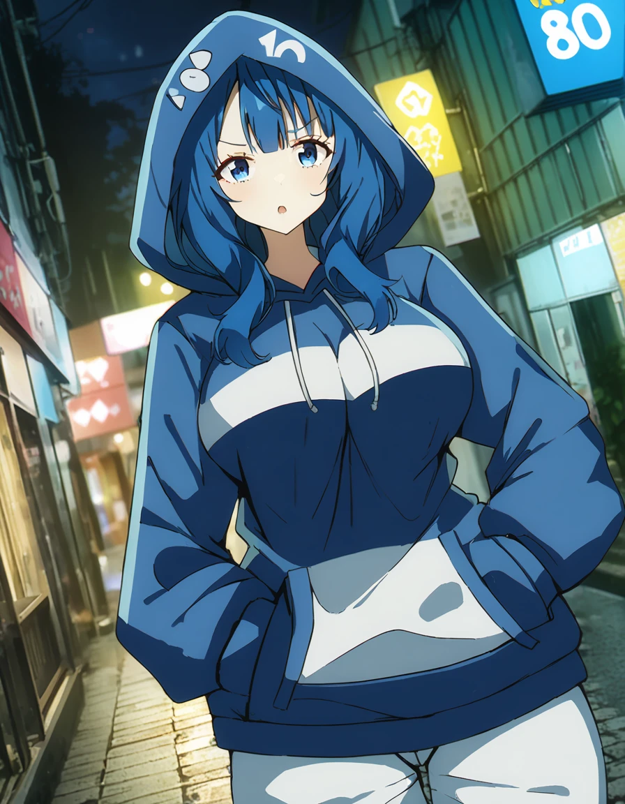 Score_9, Score_8_up, Score_7_up, source_anime, annayanami, annayanami, blue eyes, large breasts, stern expression, dark blue hoodie, over size hoodie, put on hood, long pants, put hands in pocket, night, street, solo, best quality, ultra-detailed, high resolution, 8K, 