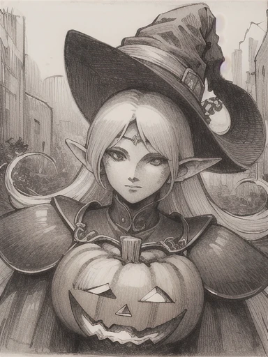 (masterpiece, highest quality, very detailed: 1.5), black and white, ((sepia)), ((pencil drawing)), medieval europe, art nouveau, western art, ((Scarecrow)), pumpkin head,ghost,((Jack-o’-Lantern)),gothic horror,The Nightmare Before Christmas