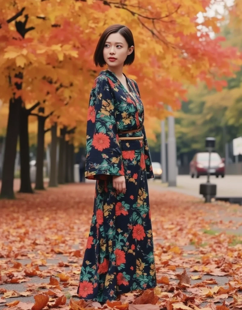 woman, Alone, 紅葉の中に立つwomanが、Wearing colorful Japanese clothing、Long hair fluttering in the wind。Fallen leaves spread out at my feet、The soft light of dusk warmly illuminates the background。