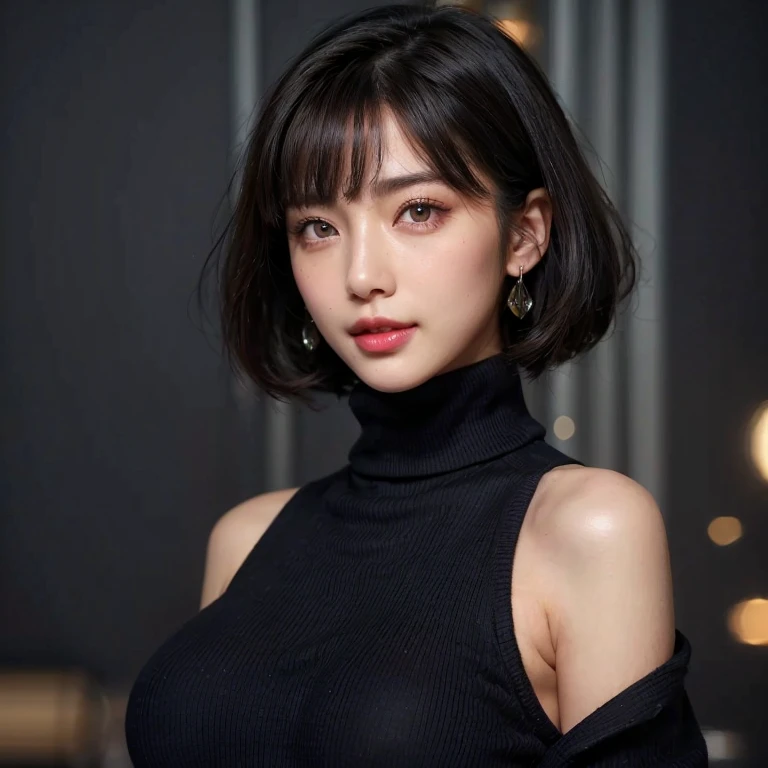 a close-up of a woman with , ela tem cabelo preto with bangs, Hime black haircut, ulzzang, korean, with short hair with bangs, with short hair, dilraba dilmurat, garota korean cruel, hairstyle with bangs style, with bangs, korean symmetrical,,,,,,,,,,,,,, clear light , highy detailed, cinematic, weirdcore, surreal, abstrato,wearing a sexy bodycon t-shirt