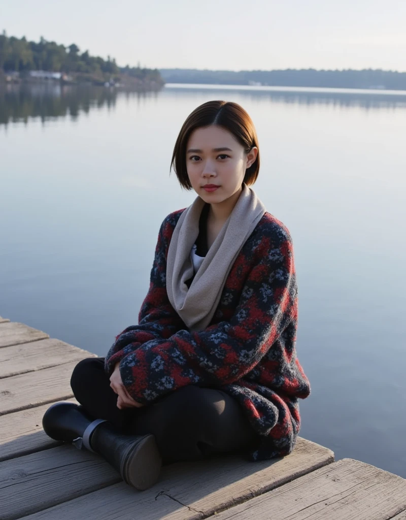 woman, Alone, Sitting on a pier on a quiet lake、ニットセーターとスカーフを身にまとったwomanが、Watching the autumn scenery reflected on the water&#39;s surface。The wind has calmed down、The clear air surrounds her。